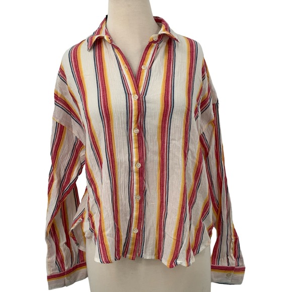 NWT Forever 21 Long Sleeve Button Down Shirt Cream Pink Yellow Striped Crinkle S - Picture 1 of 7